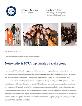 News Release Noteworthy Noteworthy Is BYU's Top Female a Capella