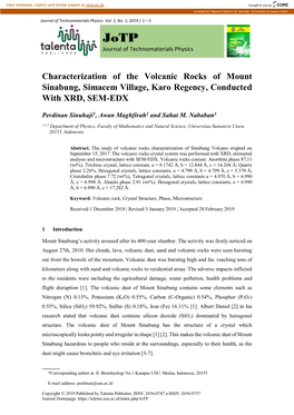 Characterization of the Volcanic Rocks of Mount Sinabung, Simacem Village, Karo Regency, Conducted with XRD, SEM-EDX