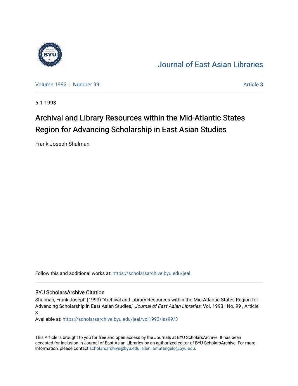 Archival and Library Resources Within the Mid-Atlantic States Region for Advancing Scholarship in East Asian Studies