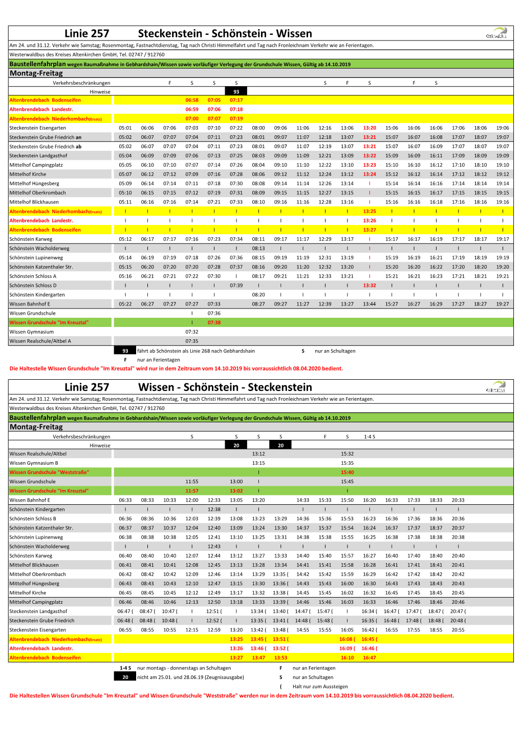 Linie 257, Baustelle Gebhardshain Ab14.10.2019 Wegen Wissen Grundschule.Xlsx