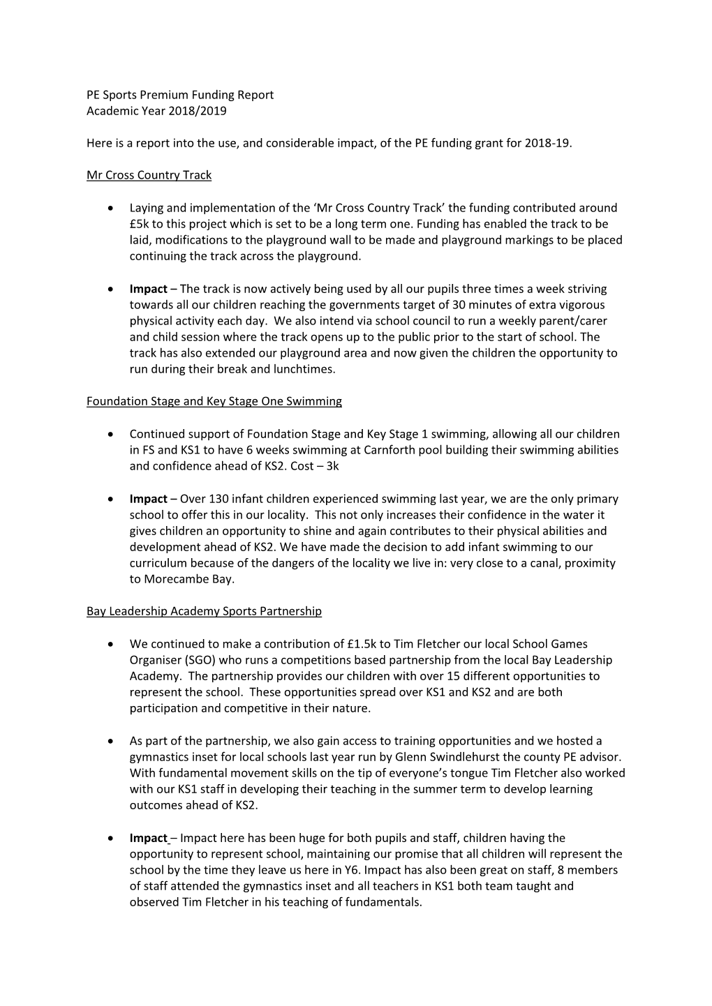 PE Sports Premium Funding Report Academic Year 2018/2019