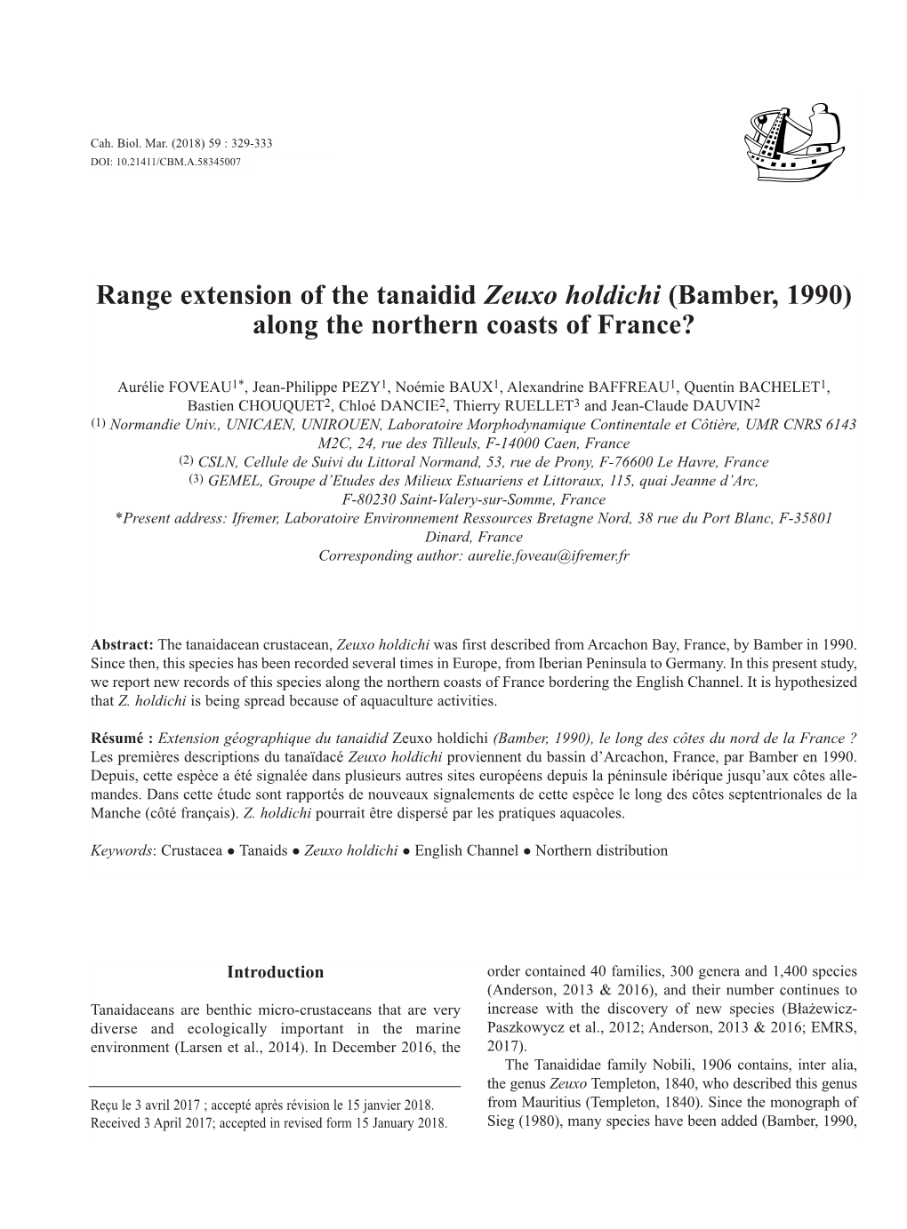 Range Extension of the Tanaidid Zeuxo Holdichi (Bamber, 1990) Along the Northern Coasts of France?