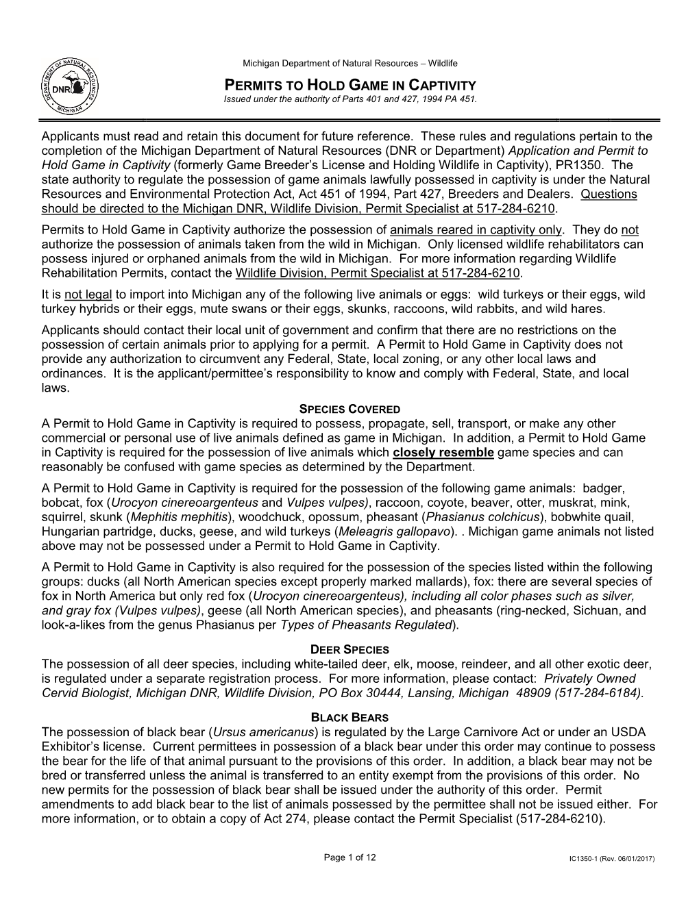 PERMITS to HOLD GAME in CAPTIVITY Issued Under the Authority of Parts 401 and 427, 1994 PA 451