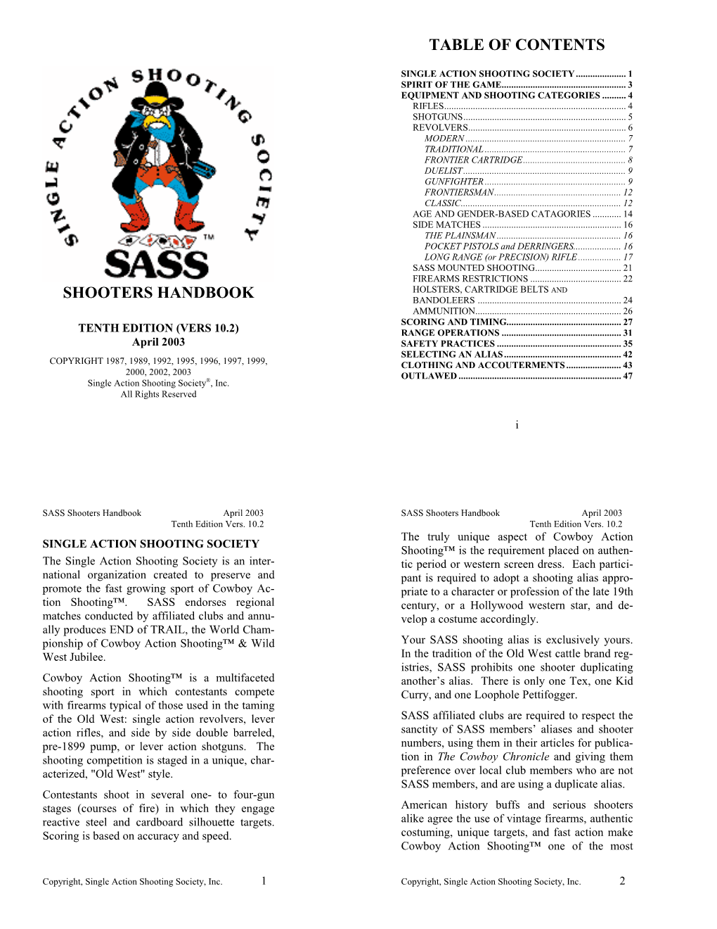 Shooters Handbook Table Of