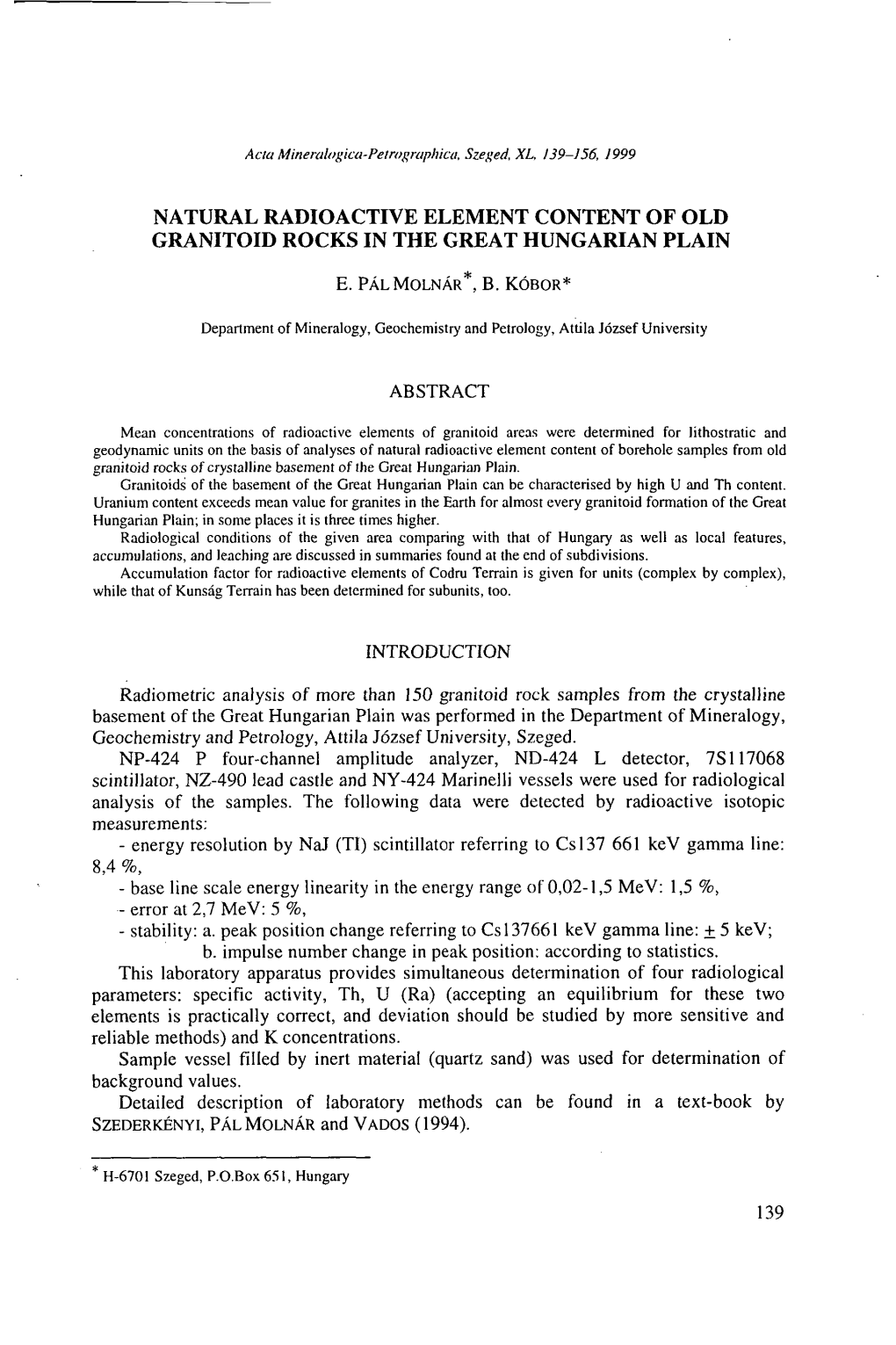 Natural Radioactive Element Content of Old Granitoid Rocks in the Great Hungarian Plain