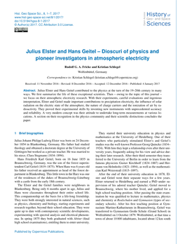 Julius Elster and Hans Geitel – Dioscuri of Physics and Pioneer Investigators in Atmospheric Electricity