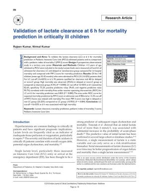 Validation of Lactate Clearance at 6 H for Mortality Prediction in Critically Ill Children