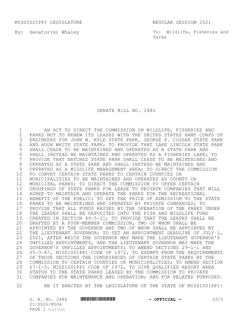 MISSISSIPPI LEGISLATURE REGULAR SESSION 2021 By