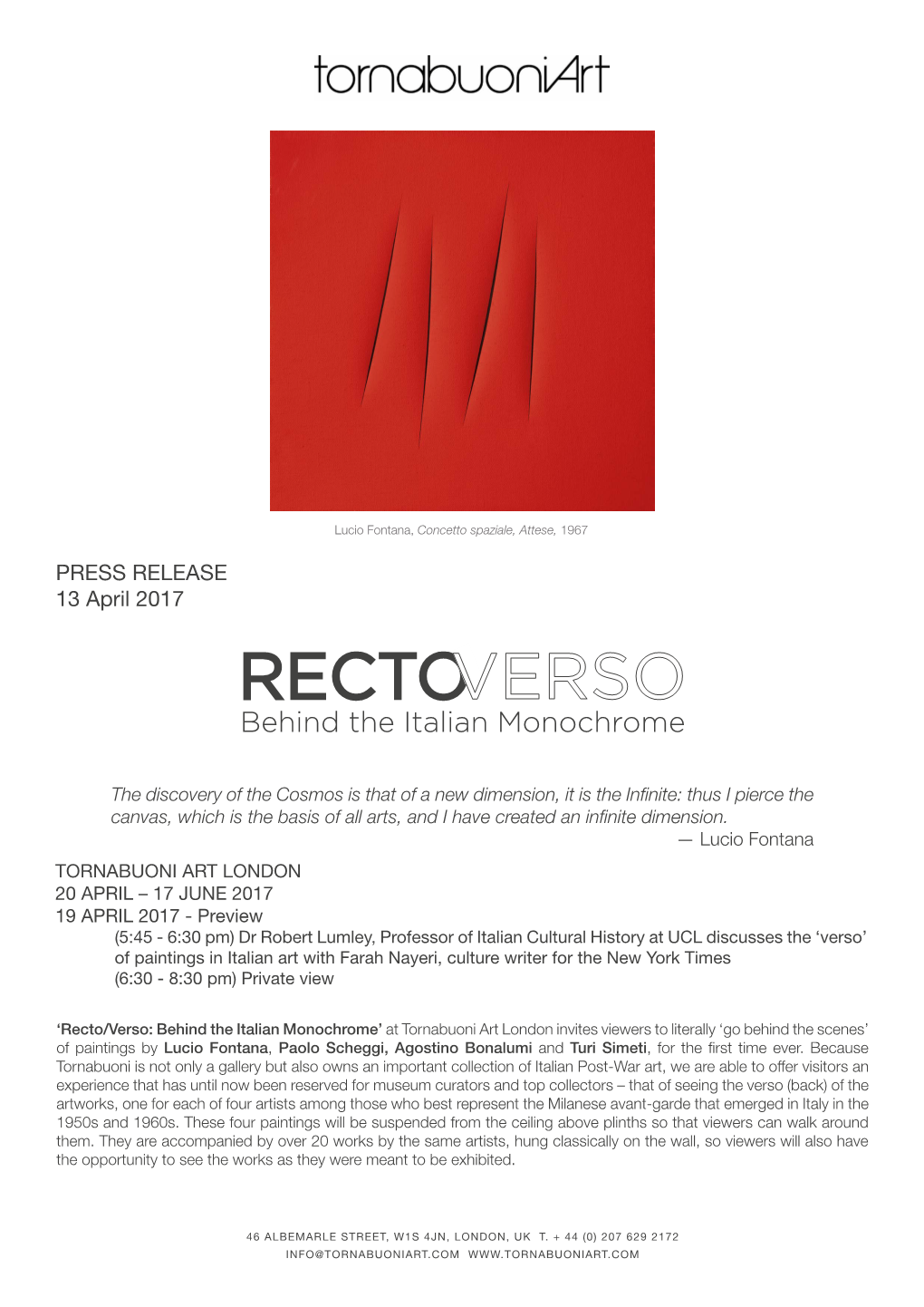 PRESS RELEASE 13 April 2017 RECTO Behind the Italian Monochrome