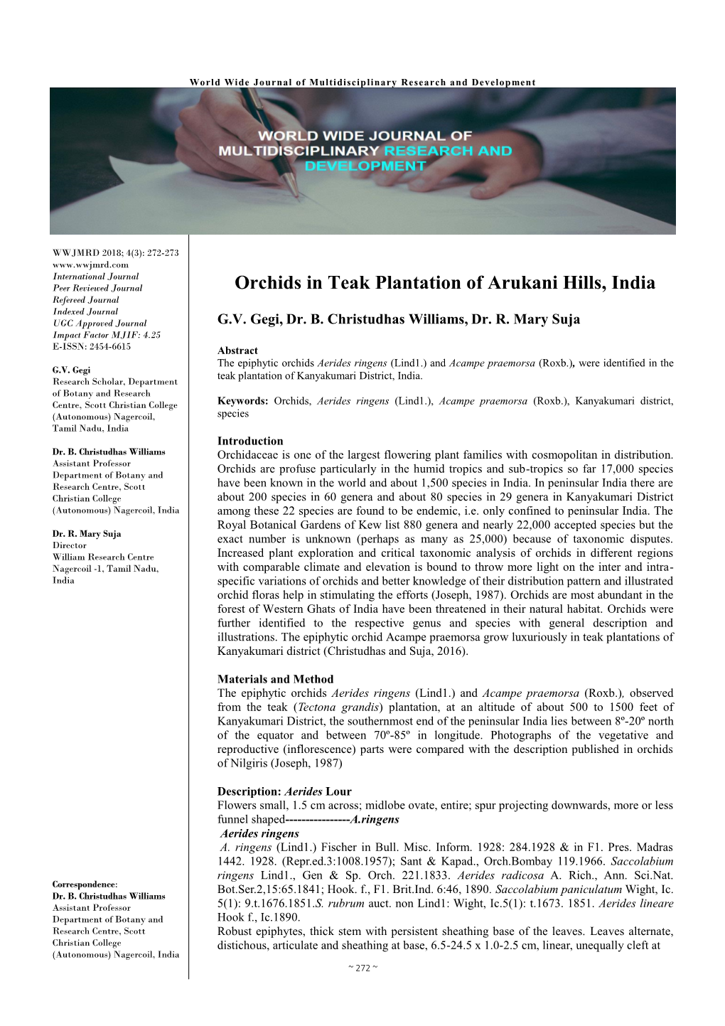 Orchids in Teak Plantation of Arukani Hills, India Refereed Journal Indexed Journal UGC Approved Journal G.V