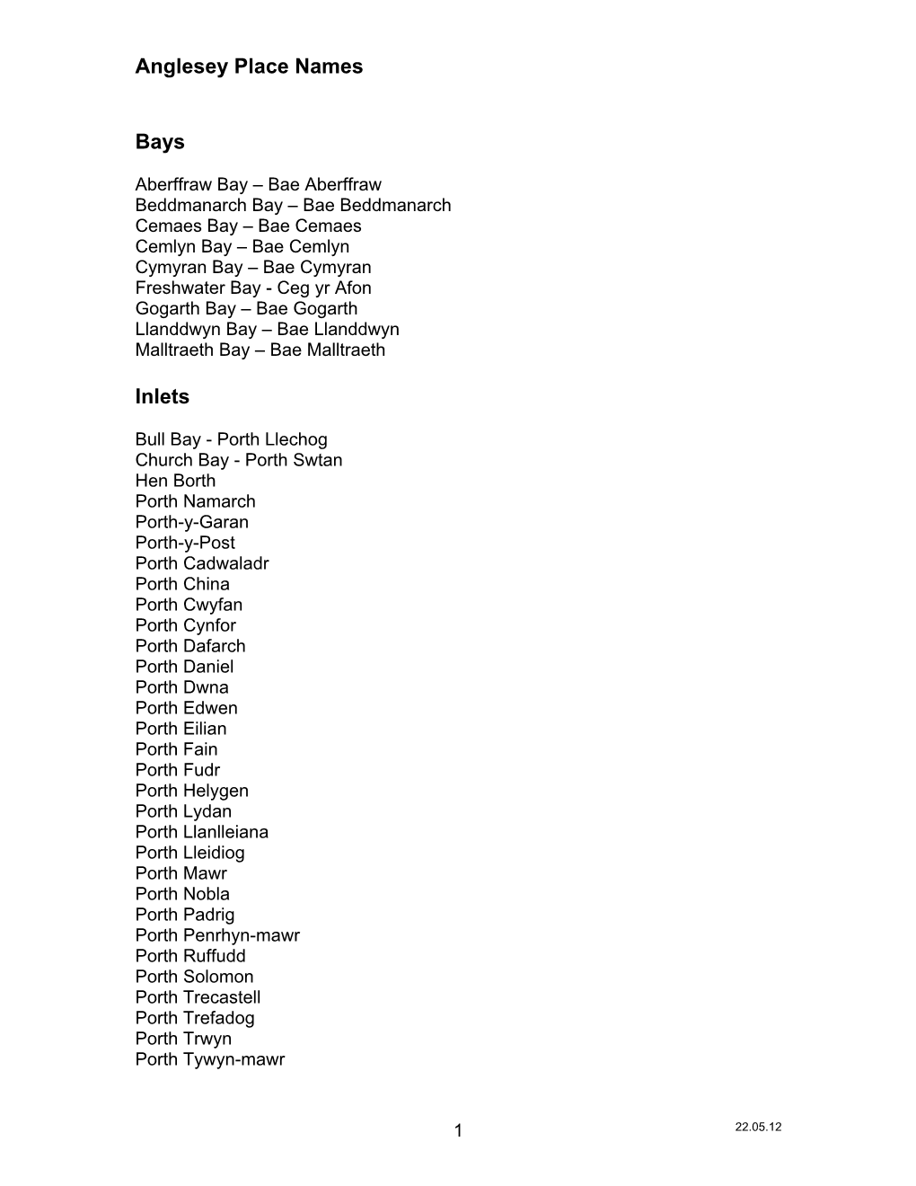 Anglesey Place Names Bays