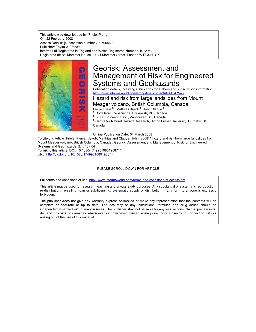 Hazard and Risk from Large Landslides from Mount Meager Volcano