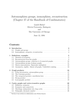 Automorphism Groups, Isomorphism, Reconstruction (Chapter 27 of the Handbook of Combinatorics)
