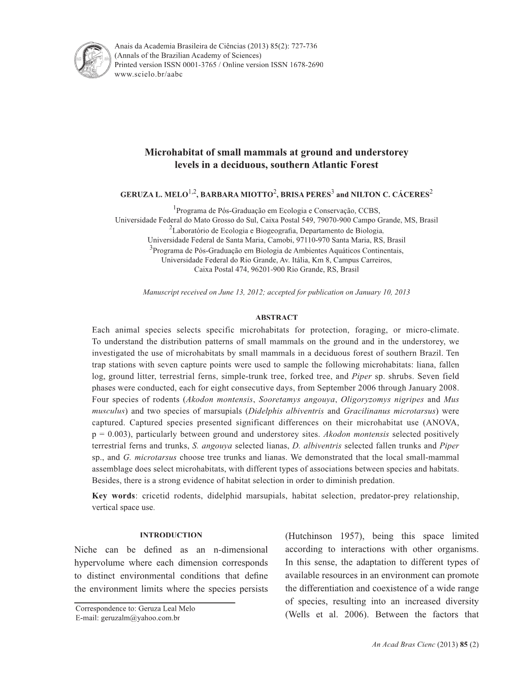 Microhabitat of Small Mammals at Ground and Understorey Levels in a Deciduous, Southern Atlantic Forest