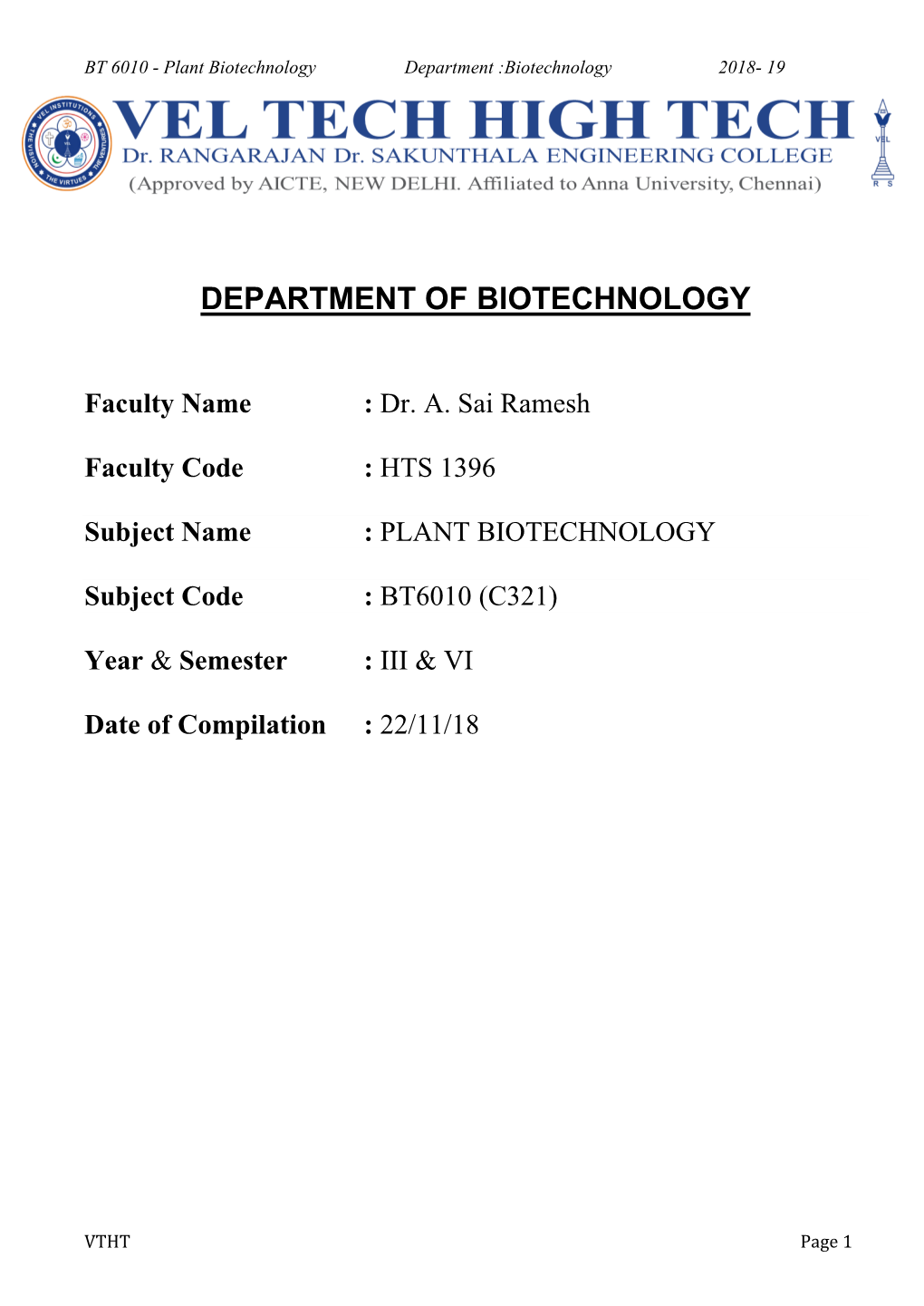 Plant Biotechnology Department :Biotechnology 2018- 19