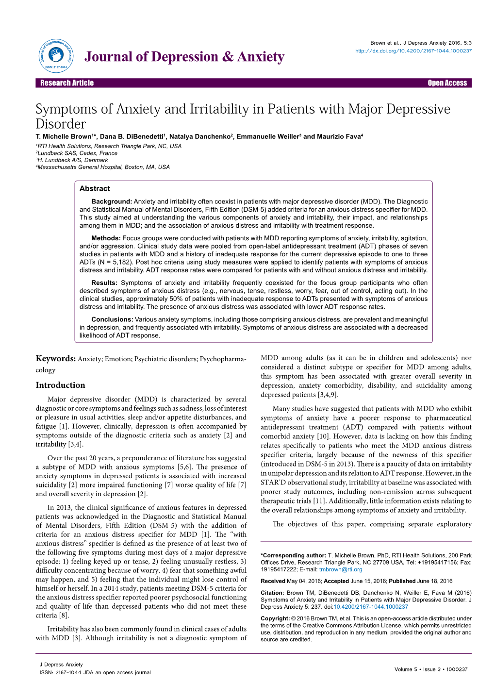 Symptoms of Anxiety and Irritability in Patients with Major Depressive Disorder T