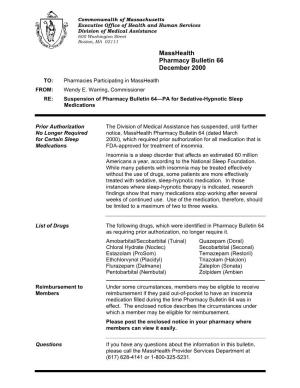 Suspension of Pharmacy Bulletin 64—PA for Sedative-Hypnotic Sleep Medications