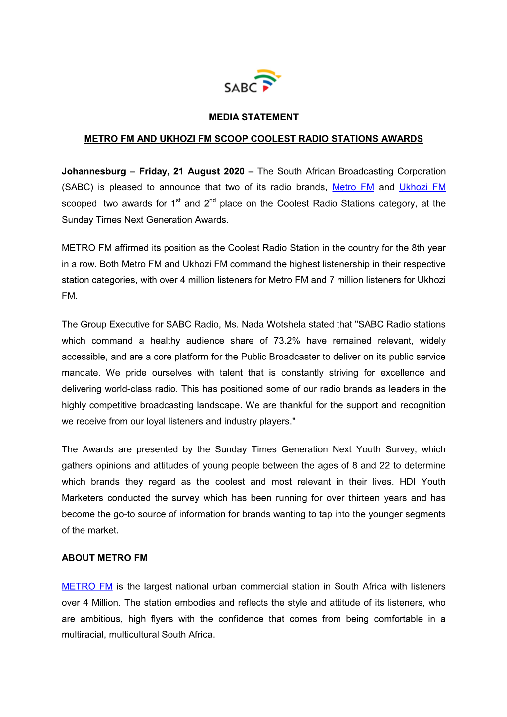 Metro Fm and Ukhozi Fm Scoop Coolest Radio Stations Awards