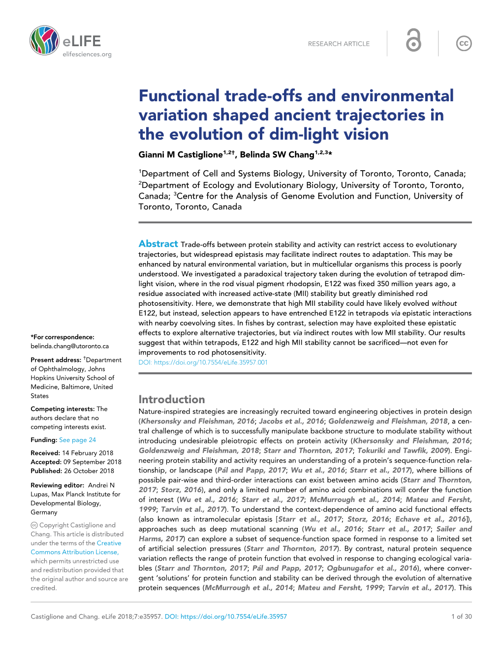 Functional Trade-Offs and Environmental Variation Shaped Ancient Trajectories in the Evolution of Dim-Light Vision Gianni M Castiglione1,2†, Belinda SW Chang1,2,3*