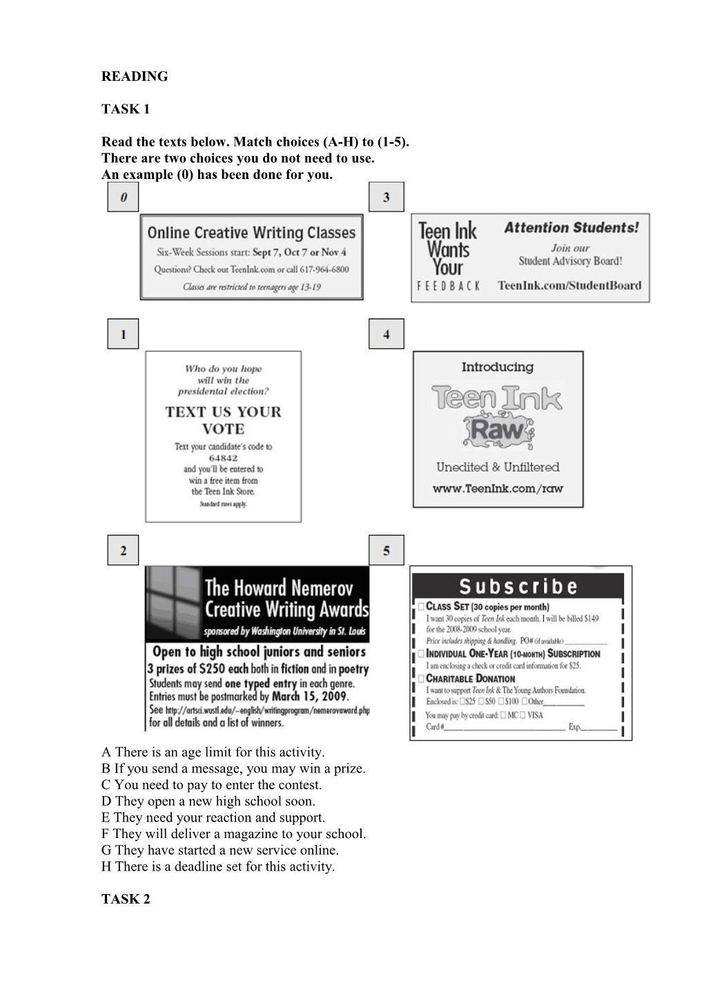 Read the Texts Below. Match Choices (A-H) to (1-5)