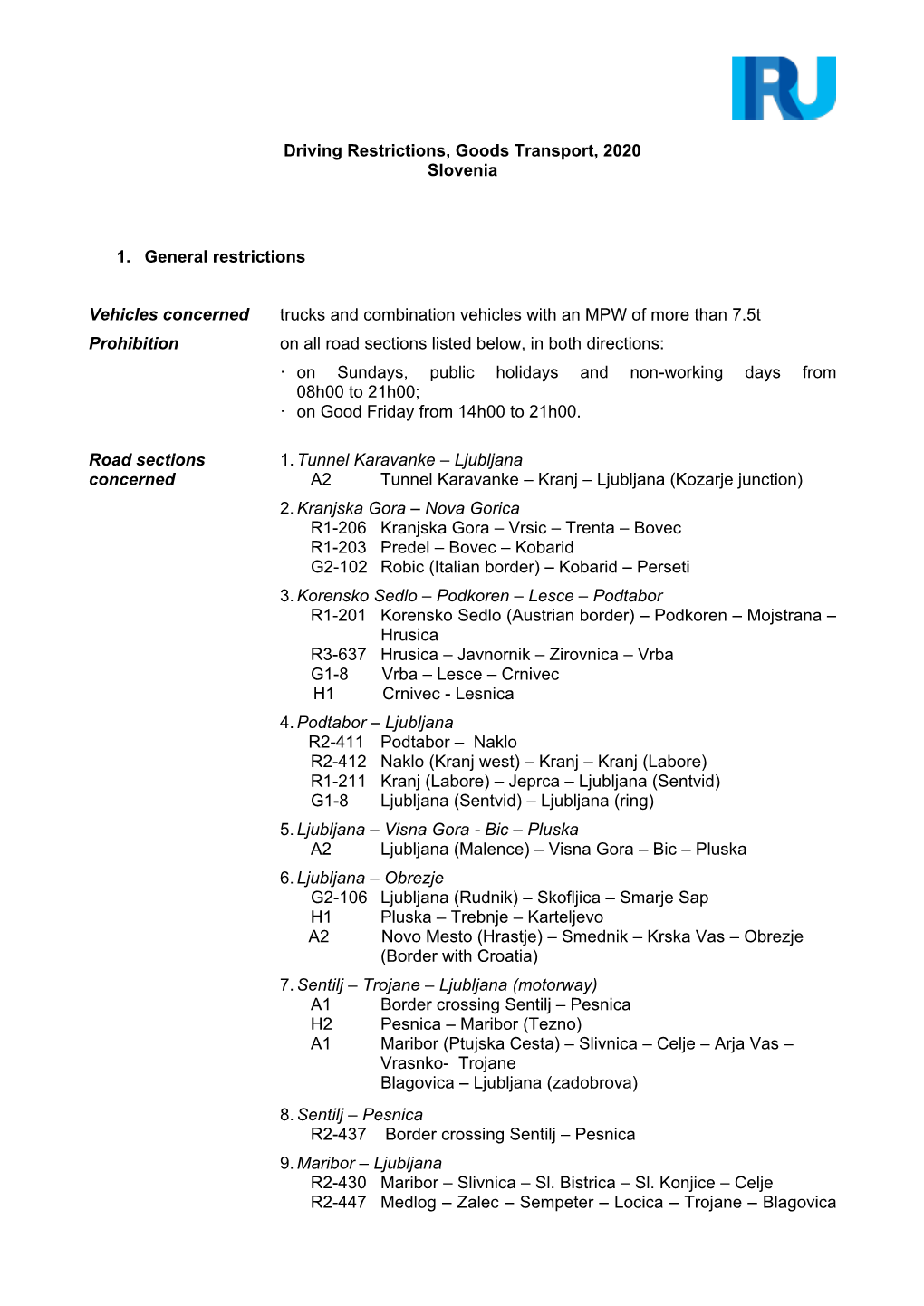 Driving Restrictions, Goods Transport, 2020 Slovenia 1