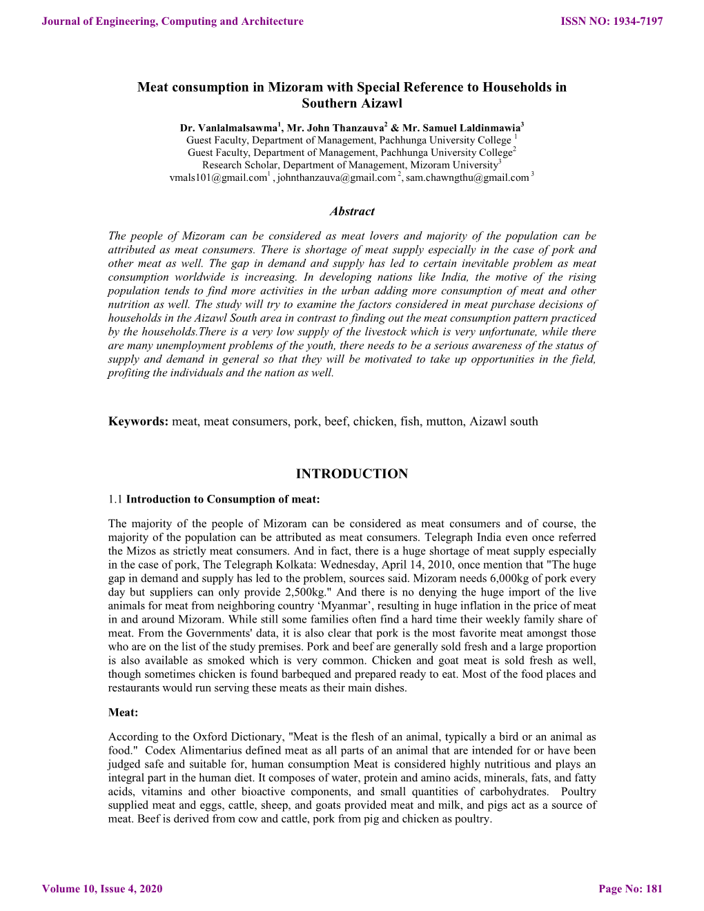 Meat Consumption in Mizoram with Special Reference to Households in Southern Aizawl