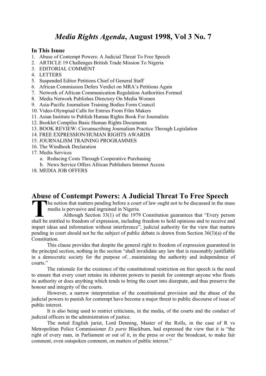 Media Rights Agenda, August 1998, Vol 3 No. 7