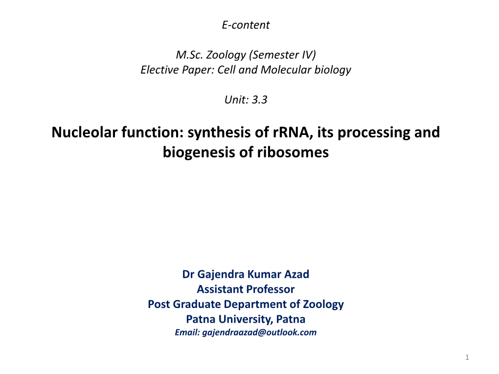 Synthesis of Rrna, Its Processing and Biogenesis of Ribosomes