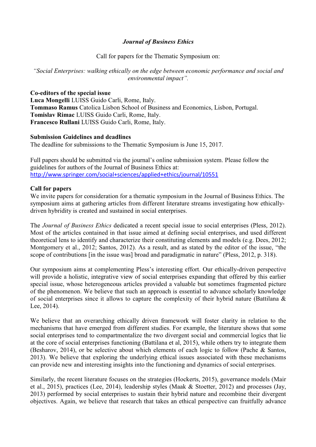 Journal of Business Ethics Call for Papers for the Thematic Symposium