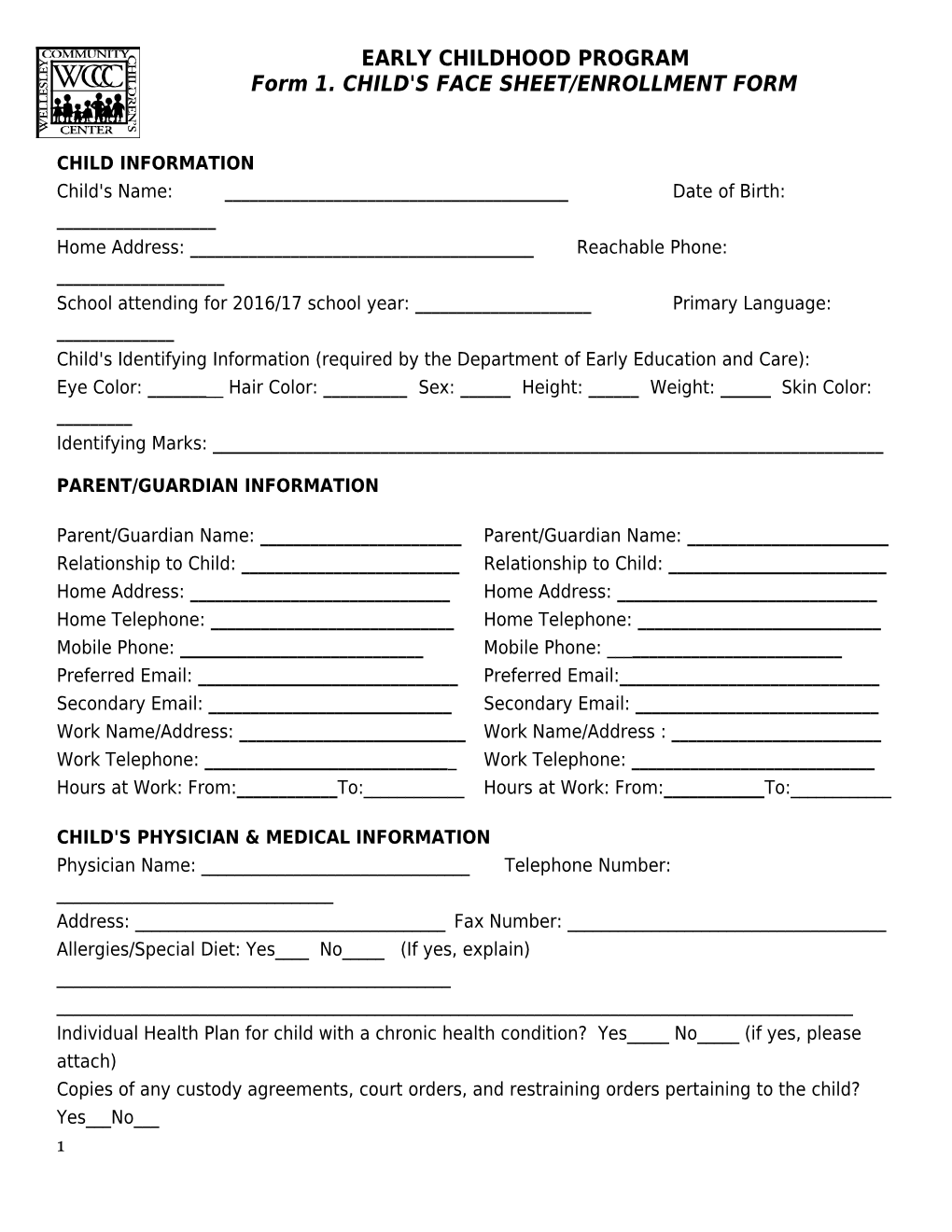 Form 1. CHILD's FACE SHEET/ENROLLMENT FORM