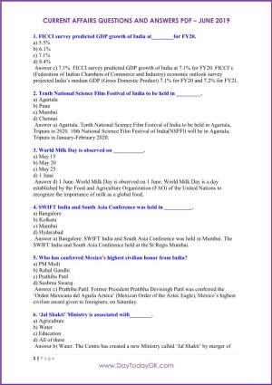 Current Affairs Questions and Answers Pdf – June 2019