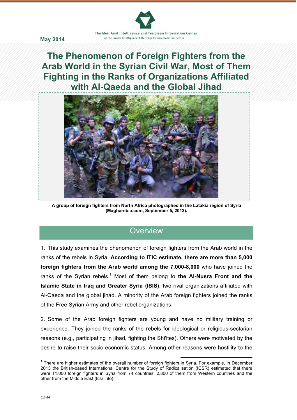 The Phenomenon of Foreign Fighters from the Arab World in the Syrian Civil War, Most of Them Fighting in the Ranks of Organizati