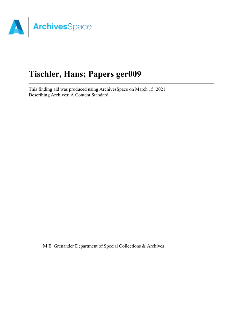 Tischler, Hans; Papers Ger009
