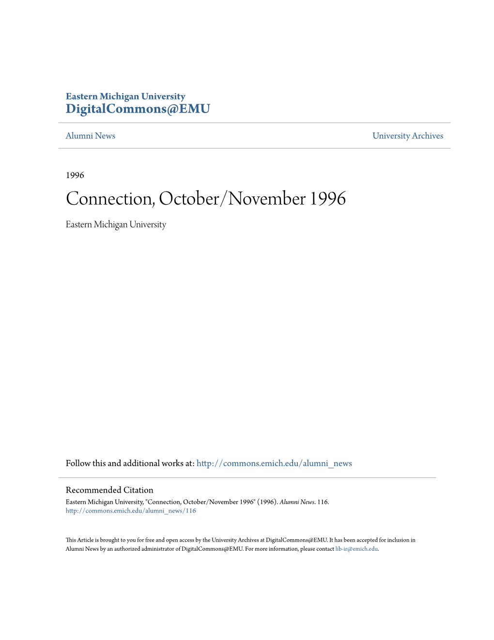 Connection, October/November 1996 Eastern Michigan University