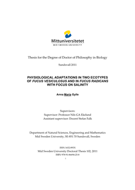 Thesis for the Degree of Doctor of Philosophy in Biology