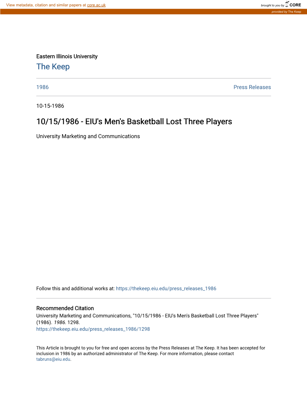 10/15/1986 - EIU's Men's Basketball Lost Three Players