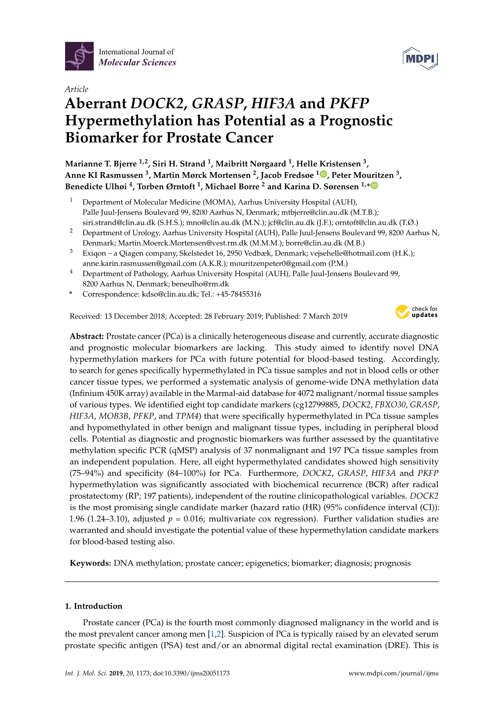 Aberrant DOCK2, GRASP, HIF3A and PKFP Hypermethylation Has Potential As a Prognostic Biomarker for Prostate Cancer
