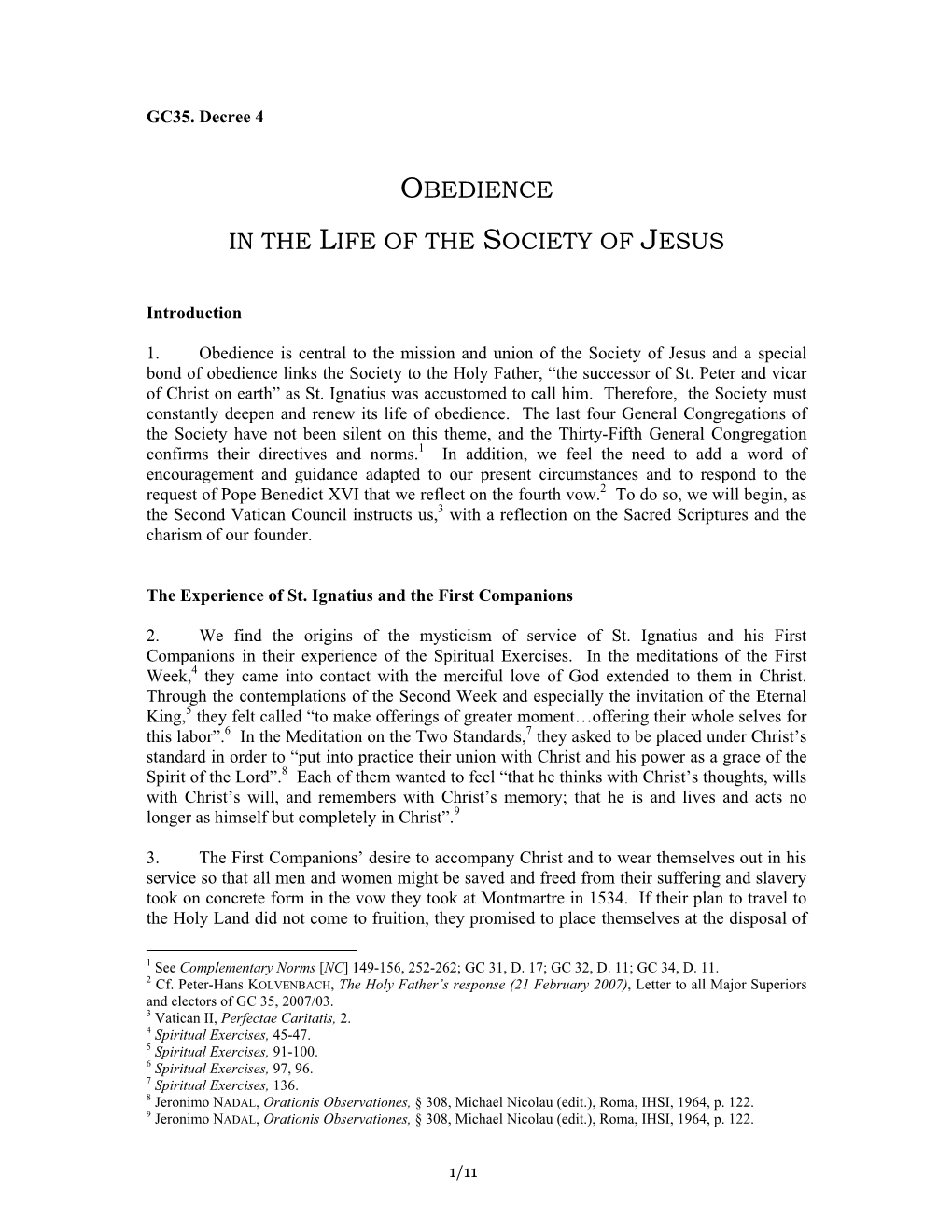 Decree 4: Obedience in the Life of the Society of Jesus