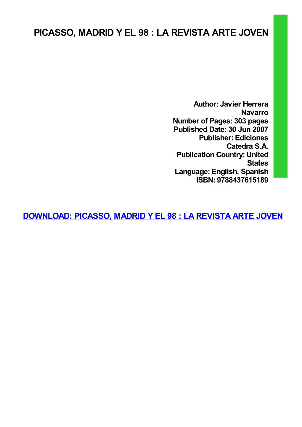 Picasso, Madrid Y El 98 : La Revista Arte Joven Ebook, Epub