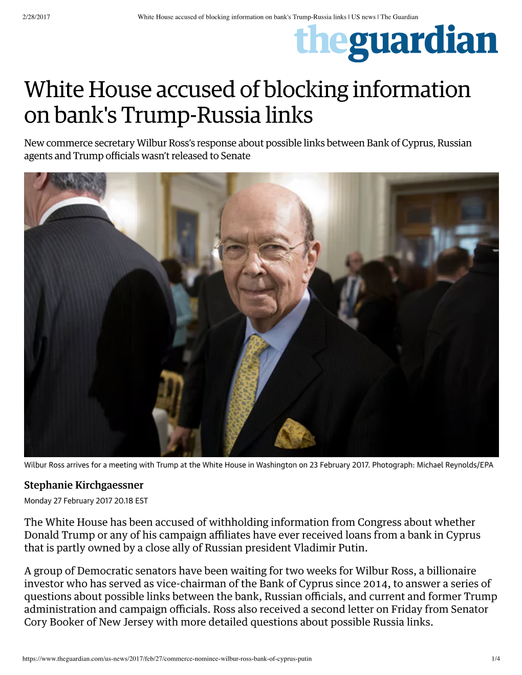 White House Accused of Blocking Information on Bank's Trump-Russia Links | US News | the Guardian
