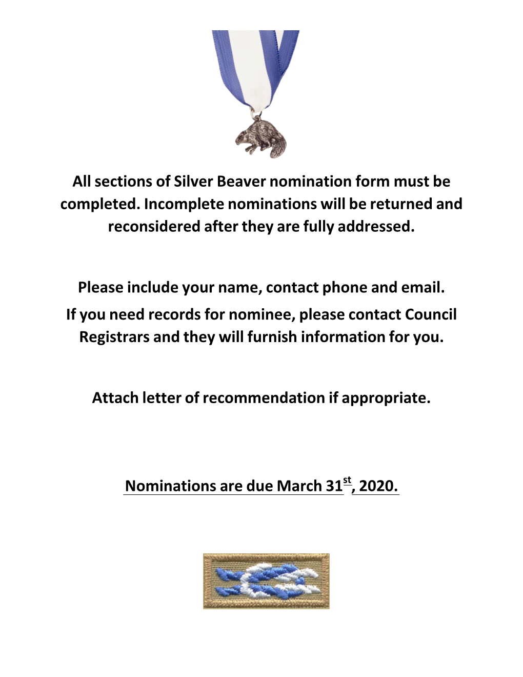 Sections of Silver Beaver Nomination Form Must Be Completed