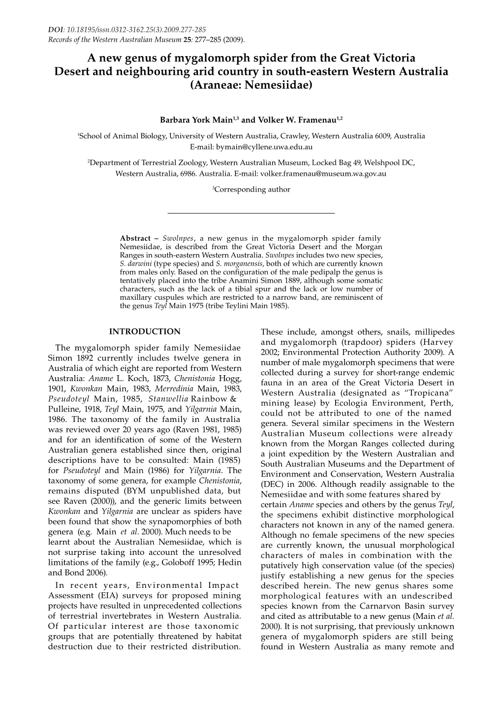 A New Genus of Mygalomorph Spider from the Great Victoria Desert and Neighbouring Arid Country in South-Eastern Western Australia (Araneae: Nemesiidae)