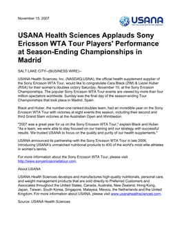 USANA Health Sciences Applauds Sony Ericsson WTA Tour Players' Performance at Season-Ending Championships in Madrid