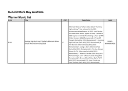 Record Store Day Australia Warner Music List Artist Title FMT Sales Notes Label