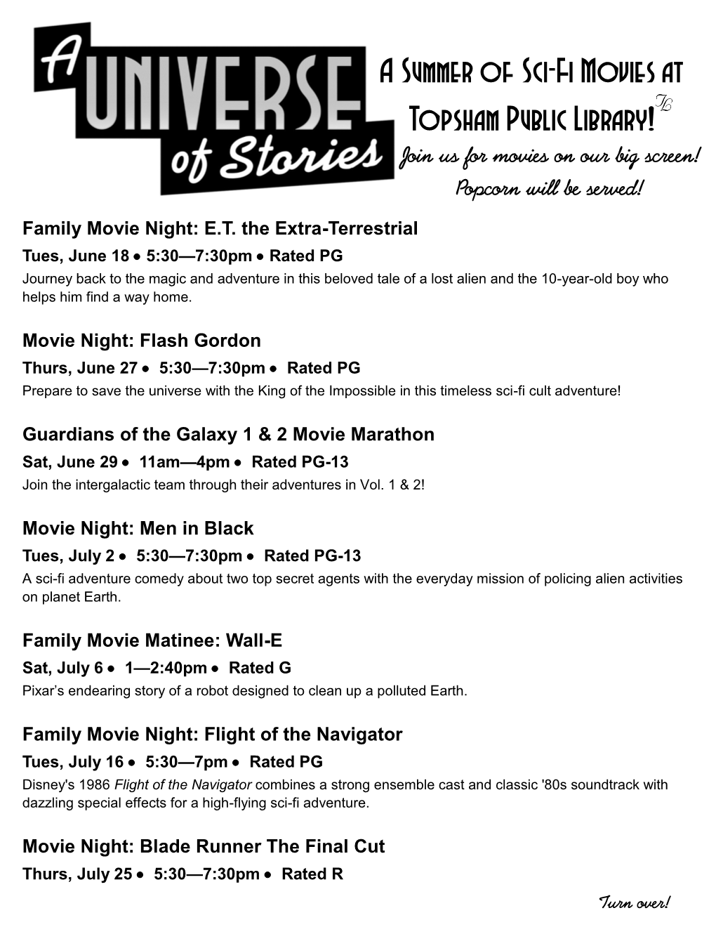 A Summer of Sci-Fi Movies at Topsham Public Library! Join Us for Movies on Our Big Screen! Popcorn Will Be Served!