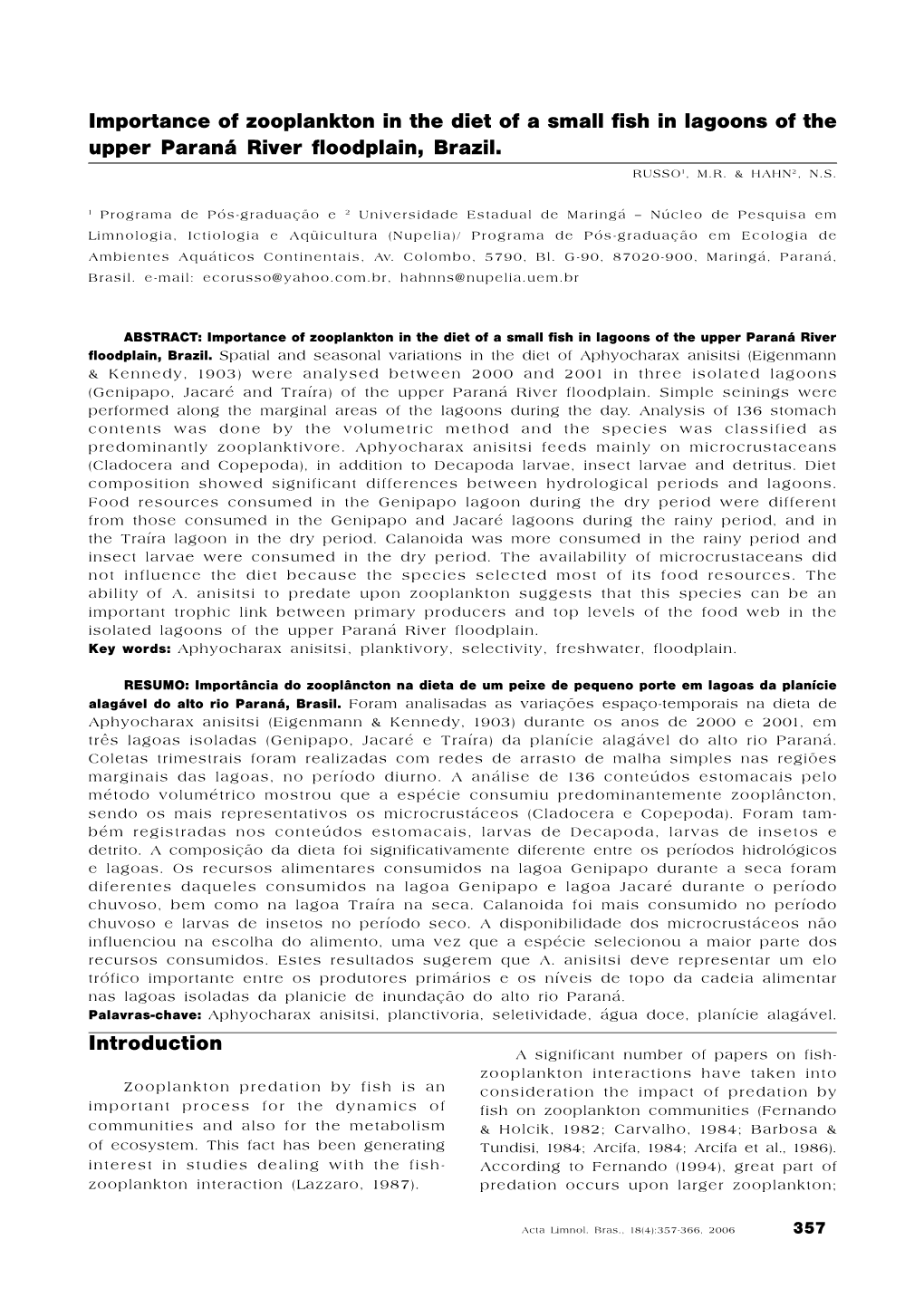 Importance of Zooplankton in the Diet of a Small Fish in Lagoons of the Upper Paraná River Floodplain, Brazil