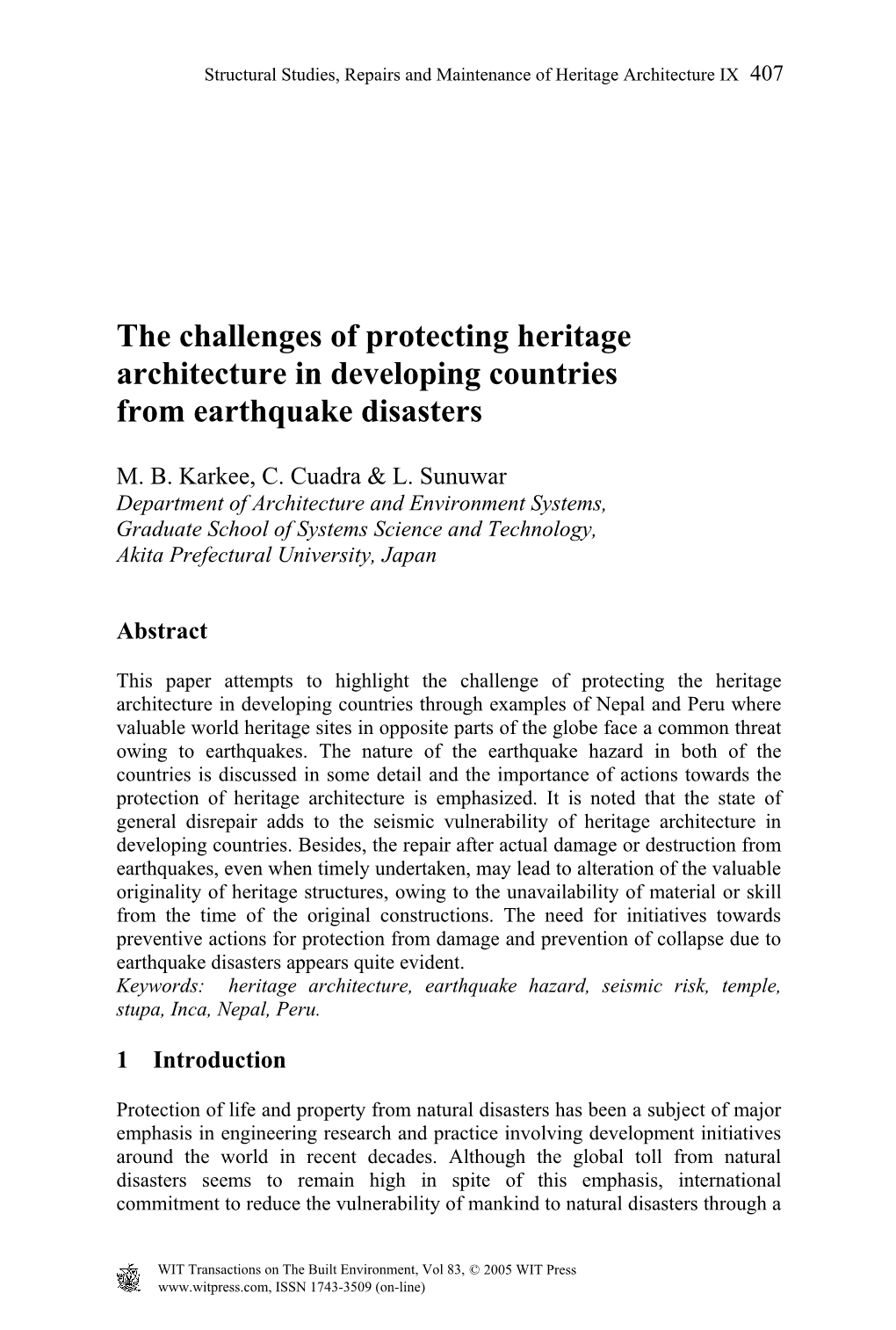 The Challenges of Protecting Heritage Architecture in Developing Countries from Earthquake Disasters