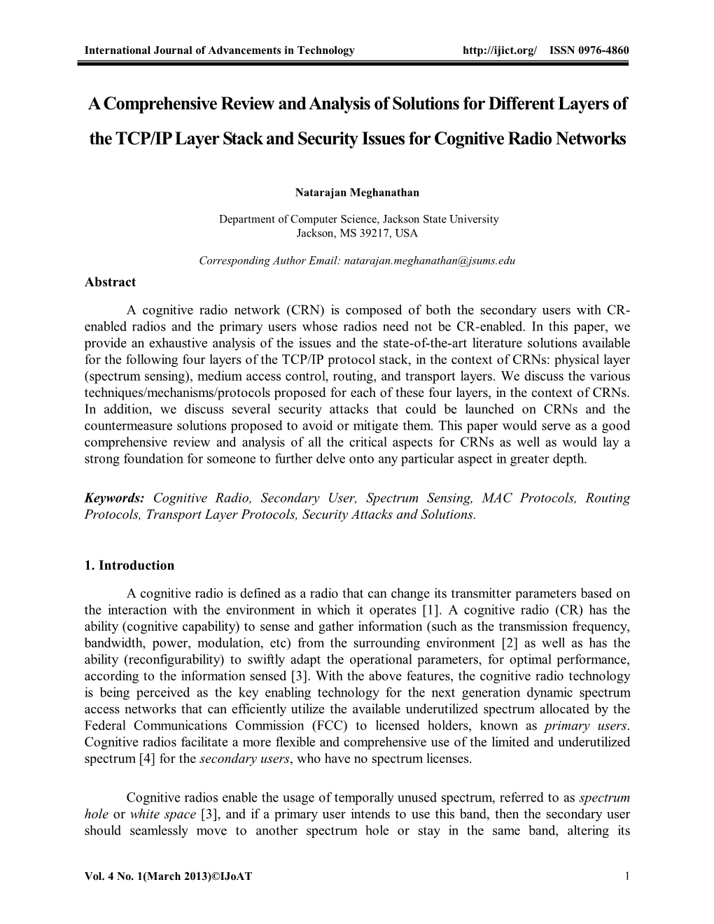 A Comprehensive Review and Analysis of Solutions for Different Layers of the TCP/IP Layer Stack and Security Issues for Cognitive Radio Networks