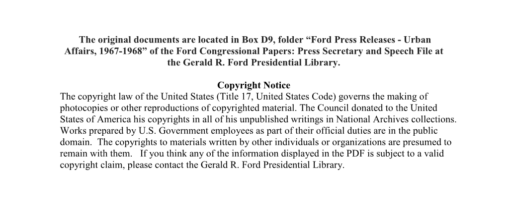 Ford Press Releases - Urban Affairs, 1967-1968” of the Ford Congressional Papers: Press Secretary and Speech File at the Gerald R