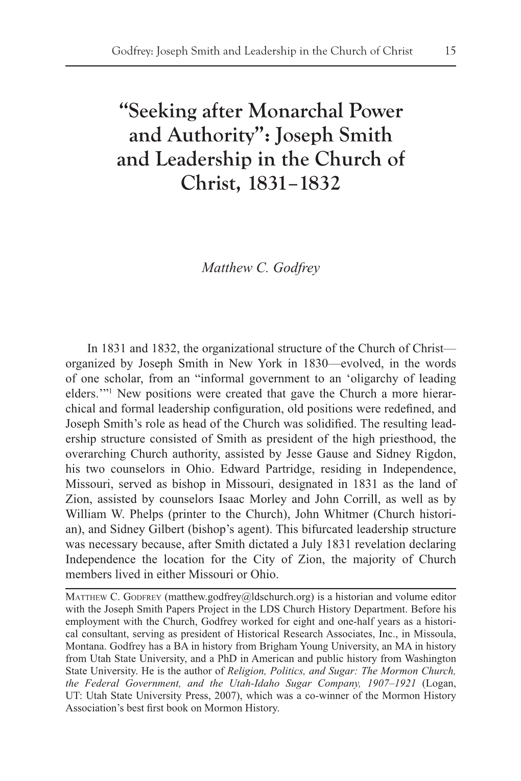 Joseph Smith and Leadership in the Church of Christ 15